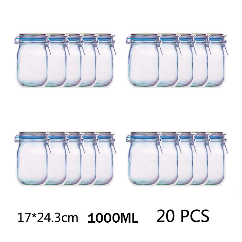 1000ML 20PCS 20 шт./компл. многоразовые Пластик Еда снэк-сумка для хранения Портативный стеклянная банка с завинчивающейся крышкой сумки с застежкой-молнией уплотнение Еда Saver сумки сэндвич-мешок с молнией яркого цвета - Цвет: 1000ML 20PCS