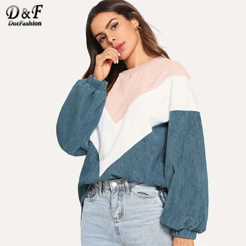 Dotfashion, цветная толстовка с рукавом Бишопа и шевроном, Женская Повседневная Весенняя Осенняя разноцветная Толстовка с длинным рукавом, пуловеры