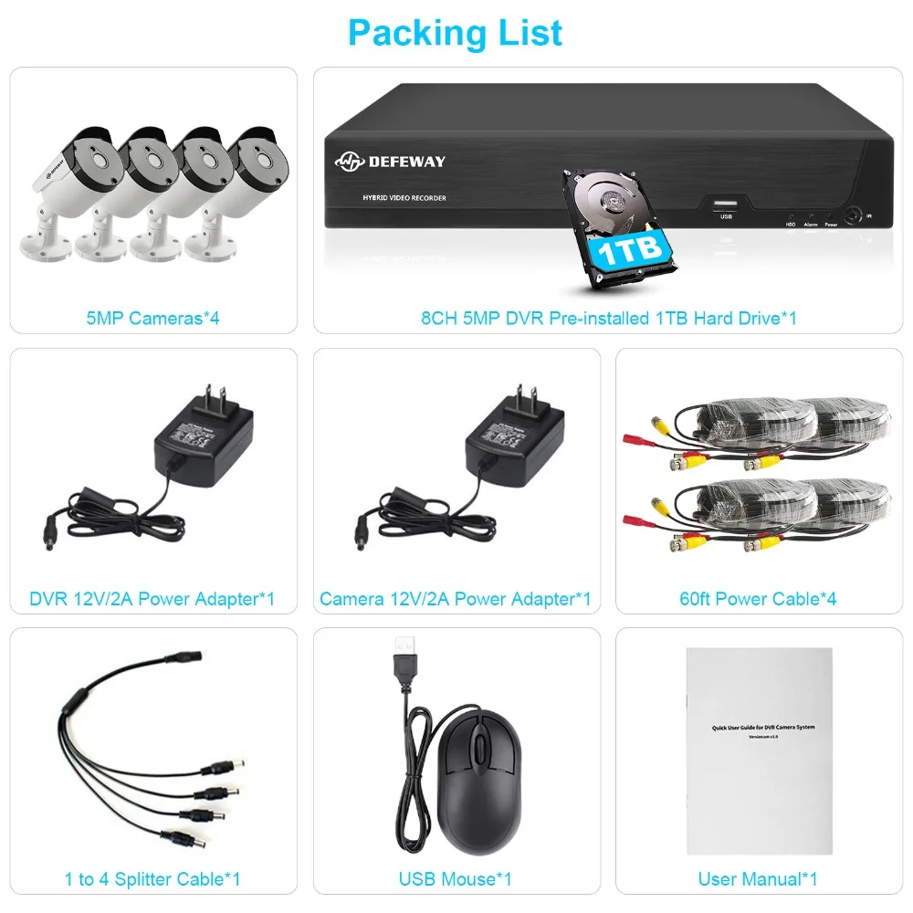 DEFEWAY 8CH HD 5.0MP DVR Kit H.265 + Открытый безопасности Камера Системы VGA/совместимому с HDMI CCTV