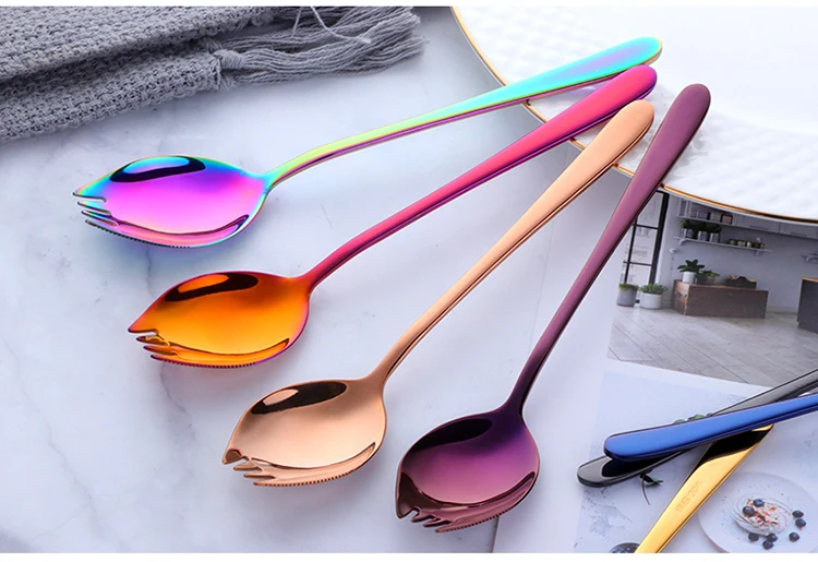 2 шт красочные 3 в 1 Sporks 304 из нержавеющей стали, дессертная вилка ложка для лапши салат утварь для фруктов Творческий кухонные столовые приборы