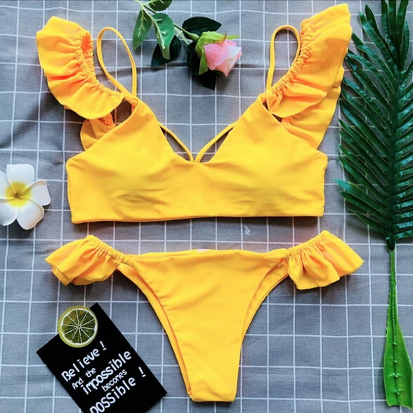 Yellow Женский купальник-бандаж с цветочным рисунком в виде листьев лотоса, милый монокини с рюшами, пуш-ап, Мягкий купальный костюм, пляжная одежда, купальник - Color: Yellow