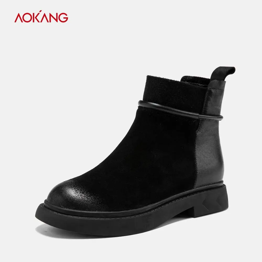 AOKANG/осенне-зимние ботинки; женские Ботинки martin из коровьей замши в британском стиле; женские повседневные ботильоны; ботинки в байкерском стиле - Цвет: black184933008