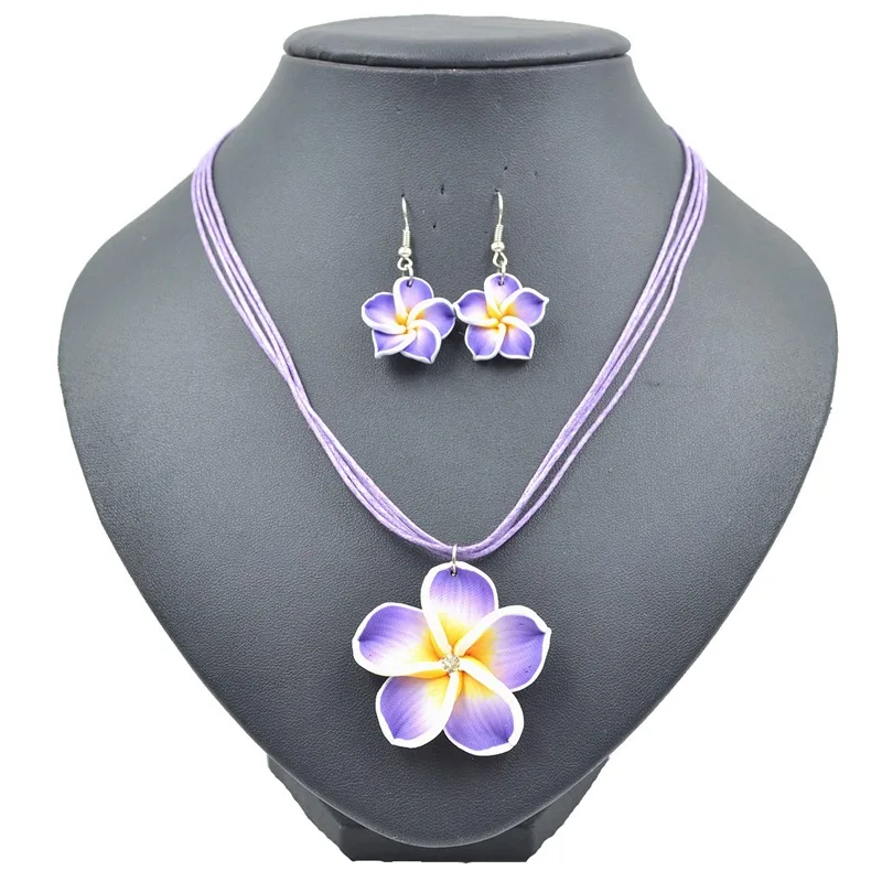 purple TopHanqi 1set 6color Summer Beach Hawaiian Clay Fimo Frangipani Flower Necklace Earrings Jewelry Sets For Children Girls - Окраска металла: purple