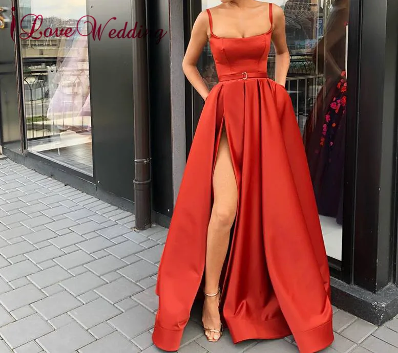 

Robe de soiree Red Evening Dress A Line Custom made High Split Floor Length Formal Long Evening Dresses Party Gown