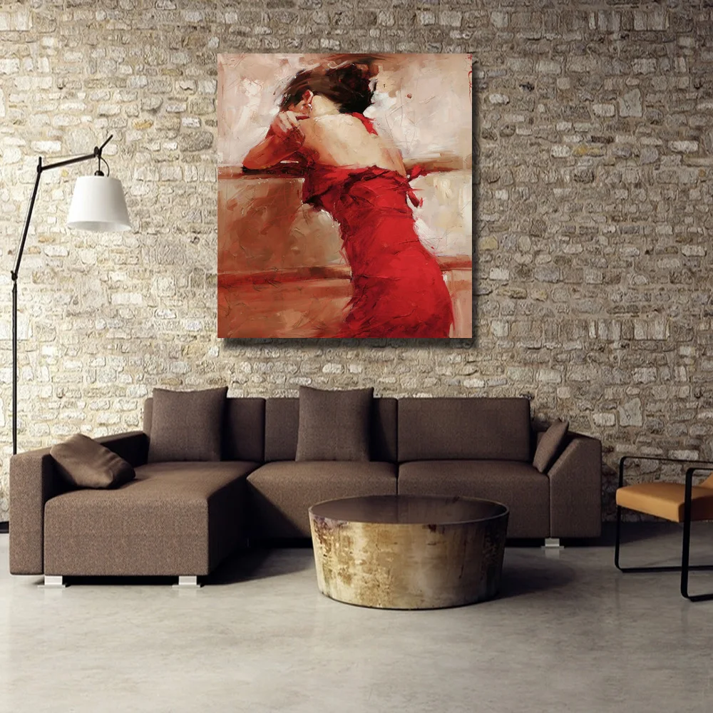 

Figure Canvas Pictures Hand made Red Dress Girl Oil Painting Living Room Wall Picture Large Canvas Paintings No framed