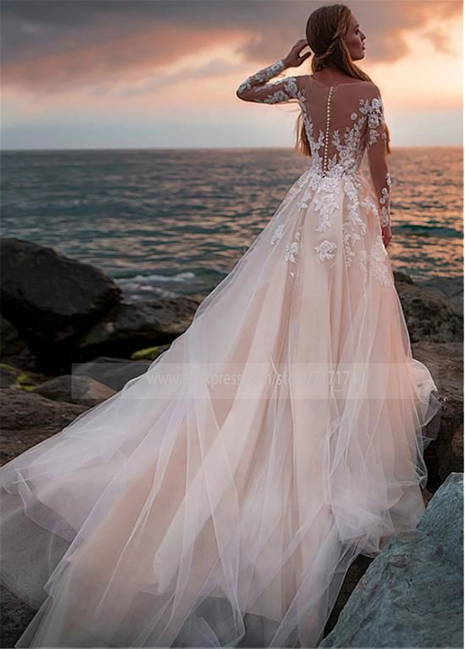 Scoop Tulle Neckline Full Sleeves Soft A-line Wedding Dress with Applique Illusion Button Back Court Train Bridal | Свадьбы и