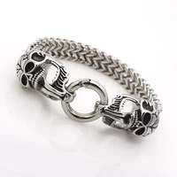new designer fashion punk skull jewelry classical steel double skull bracelet bangle for mens chain bracelet best gifts