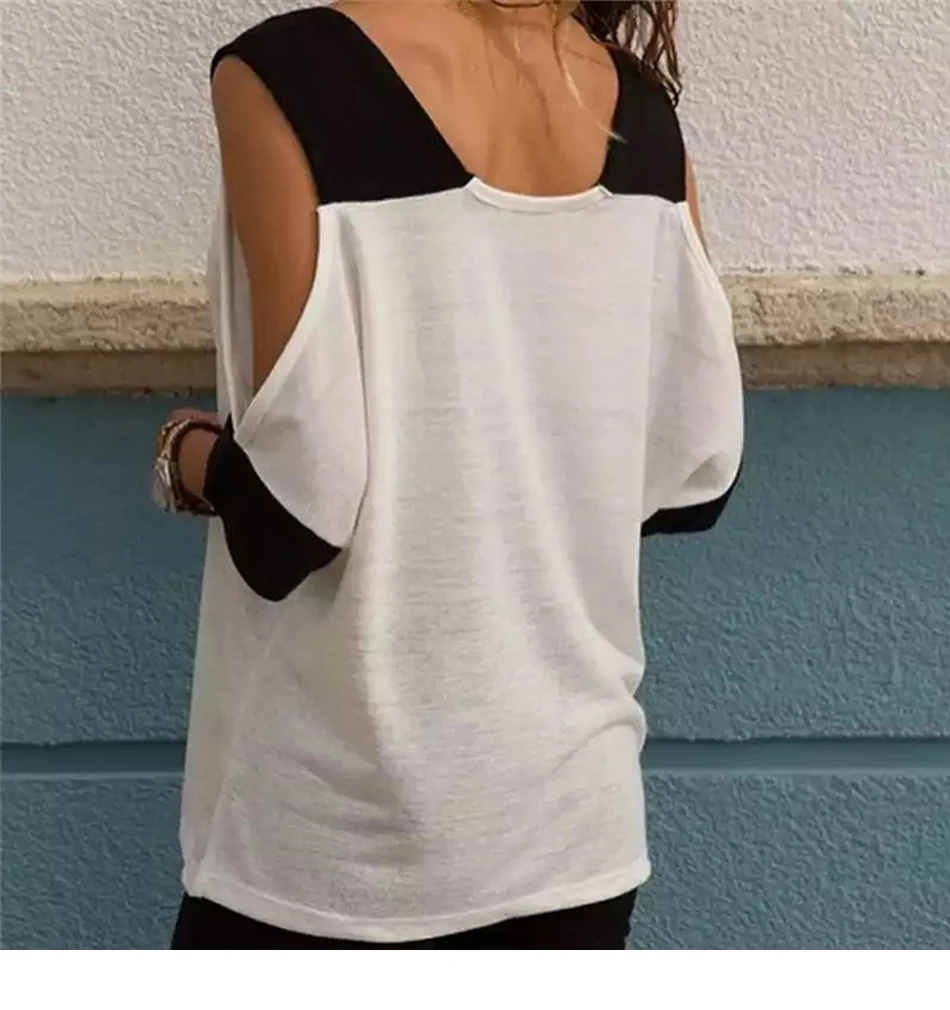 Женская Лоскутная футболка с открытыми плечами, 5XL размера плюс, топы, v-образный вырез, половина рукава, женская футболка, летняя повседневная футболка для женщин