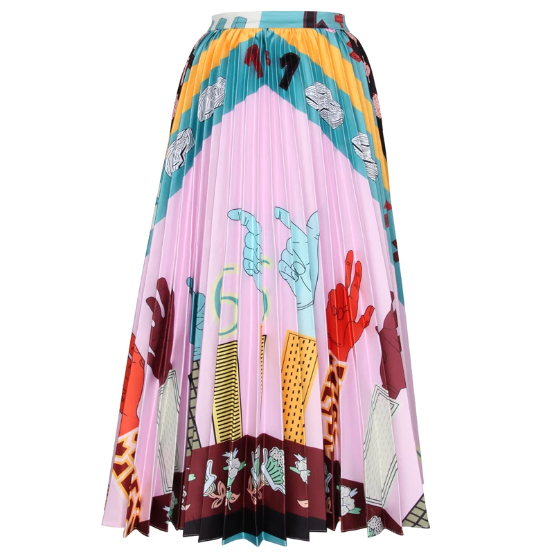

S-XXL High quality 2020 new fashion finger shape digital printing pleated Slim temperament casual good match woman skirt