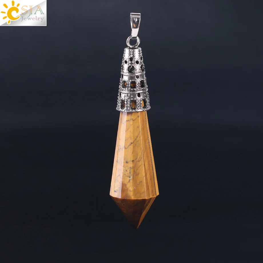Tiger Eye Silver CSJA Новое поступление ювелирные изделия золотого цвета Ограненный Природный камень Маятник Шестигранная подвеска Кристалл кварц кулон для ожерелья F401 - Окраска металла: Tiger Eye Silver
