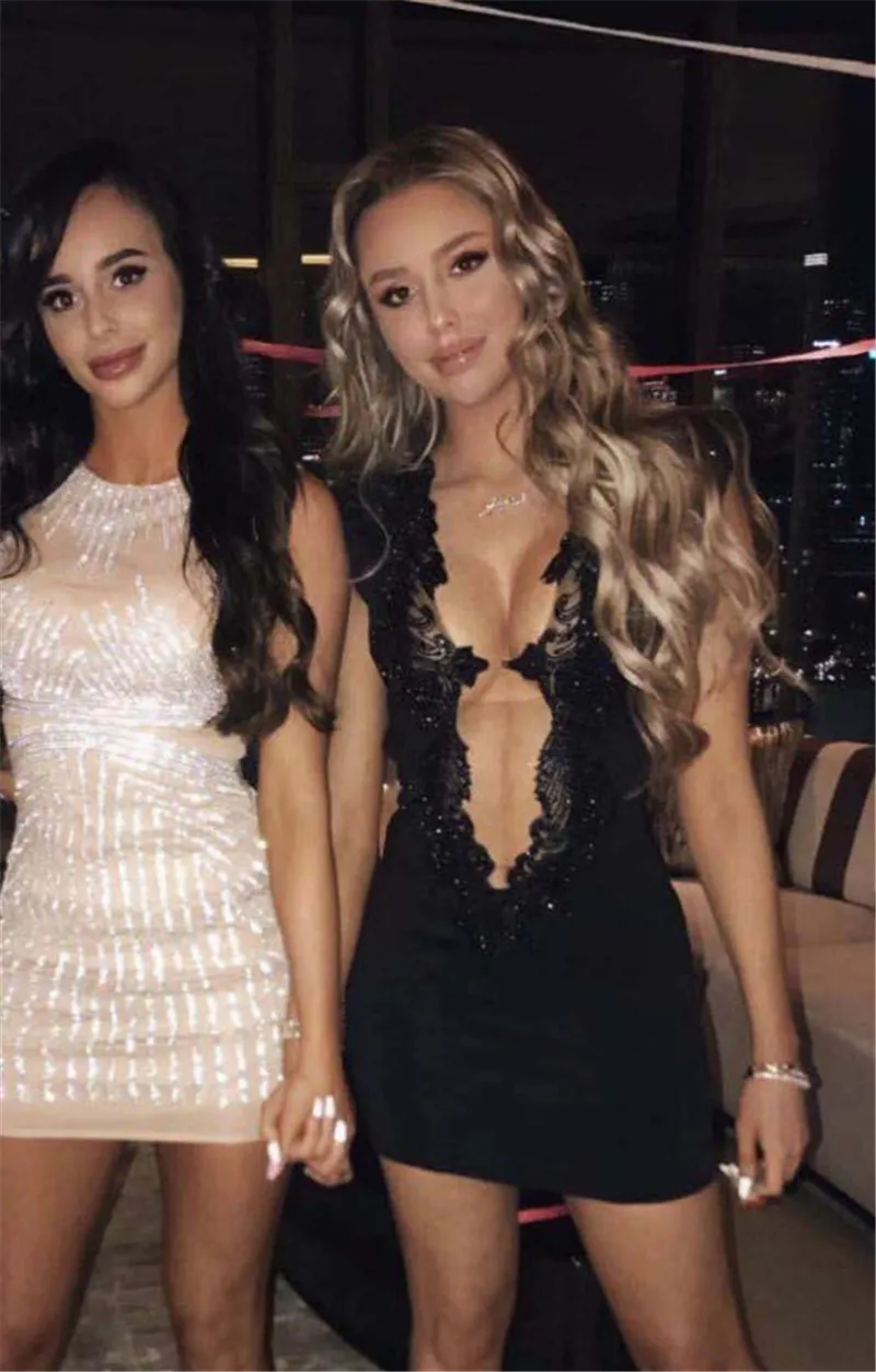 Вечернее облегающее мини платье с глубоким V образным вырезом и бисером|Женские