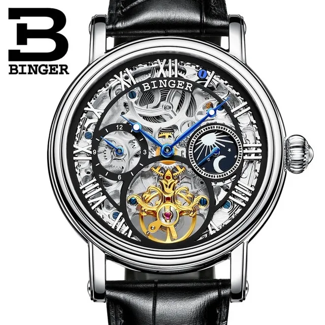 Black Silver Швейцарские брендовые наручные часы Binger Relogio Masculino автоматические часы для мужчин механические часы Роскошные наручные часы со скелетом - Цвет: Black Silver