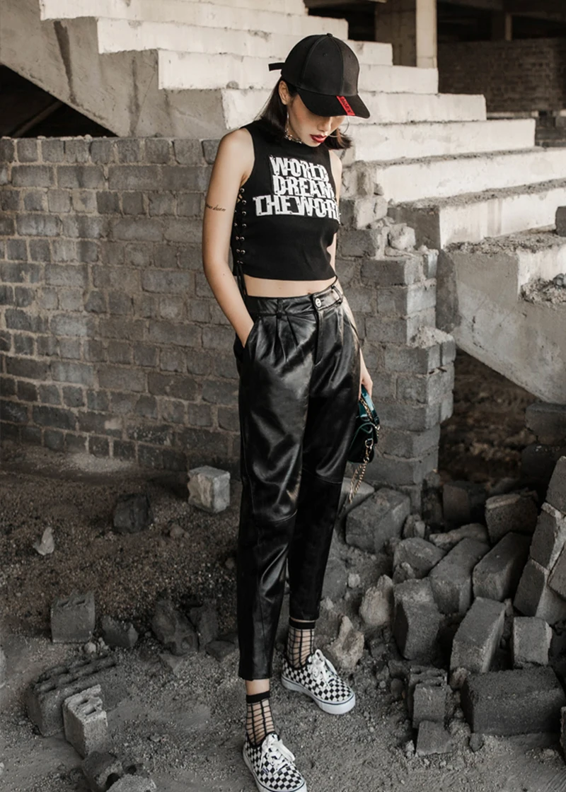 Autumn Women Large Size 4XL Leather Harem Pants Casual Real Leather Lambskin Pencil Pants Ladies Streetwear Female Slim Trousers