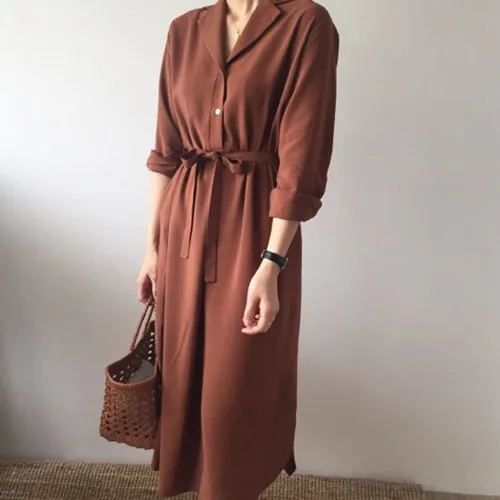 SuperAen, корейский стиль, женское платье-рубашка, сплошной цвет, хлопок, повседневное, женское платье с v-образным вырезом, с длинным рукавом, платье с разрезом, женское, новинка