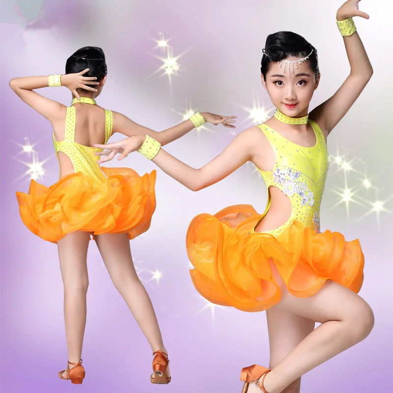 

2019 Girls Professional Latin dancing dress Kids Ballroom Salsa Dance wear Outfits Children's Party Stage wear costumes