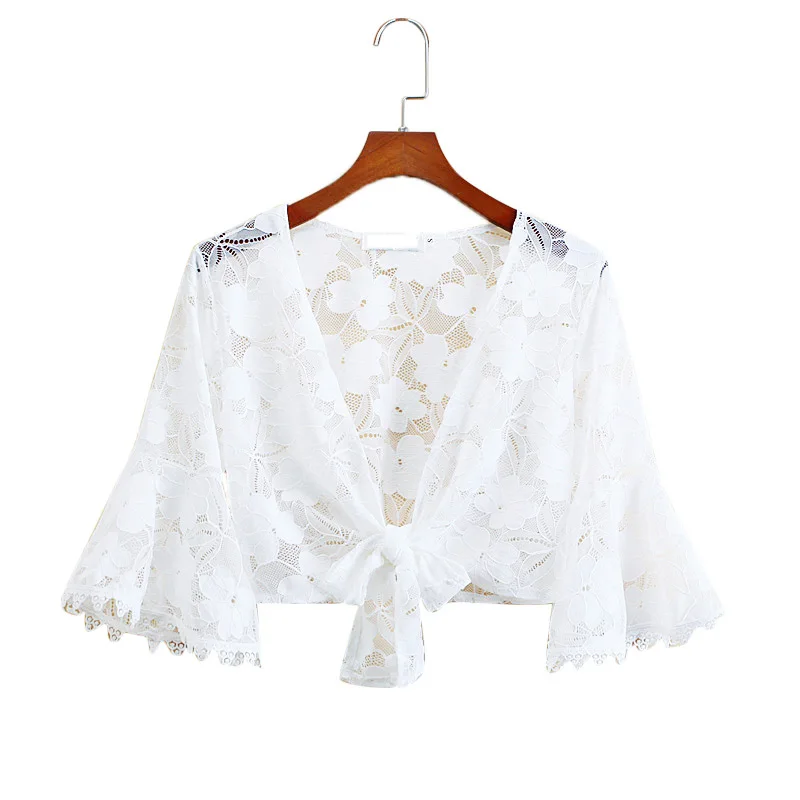 Летнее шифоновое кружевное пальто кружевной кардиган короткая куртка одежда для