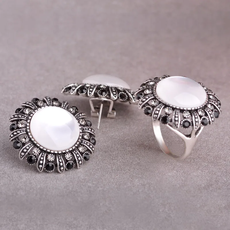 Женский винтажный комплект из кольца и серёг с белым опалом|jewelry world|jewelry sapphirejewelry