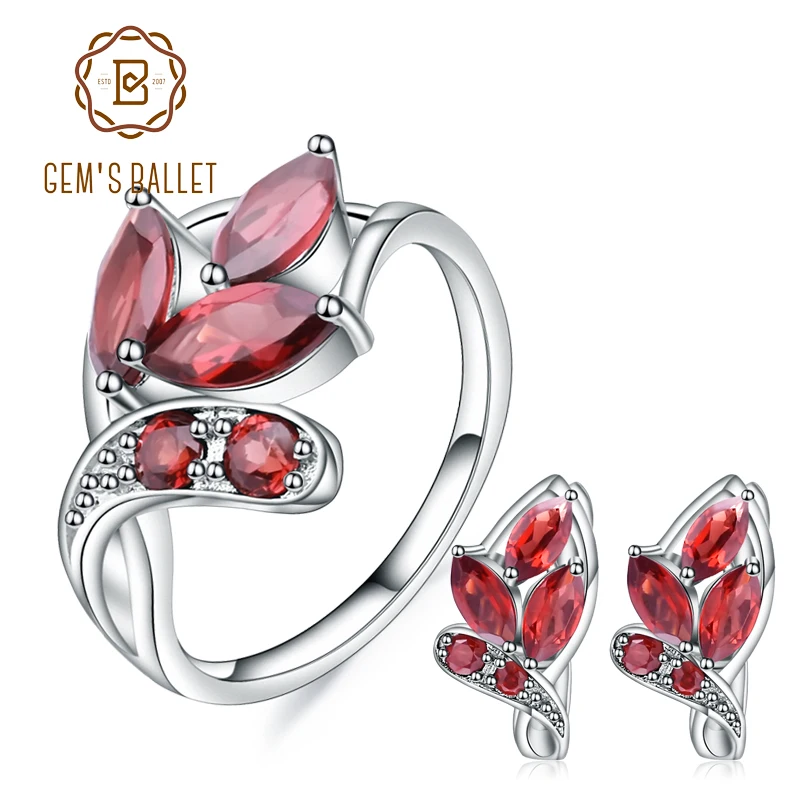 

GEM'S BALLET Leaf Shape Natural Garnet Earrings Ring Set 925 Sterling Silver Gemstone Jewelry Set For Women Gift Fine Jewelry