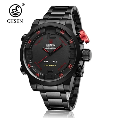 Black red Ohsen цифровой бренд кварцевые мужские спортивные часы 3ATM водонепроницаемые черные полностью стальной ремешок модный светодиодный наручные часы в стиле милитари - Цвет: Black red