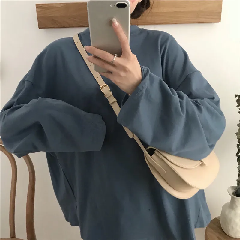 Корейская свободная Однотонная футболка Ulzzang, Женская Повседневная футболка с длинным рукавом, женские пуловеры с круглым вырезом, футболка Vogue, топы, футболки