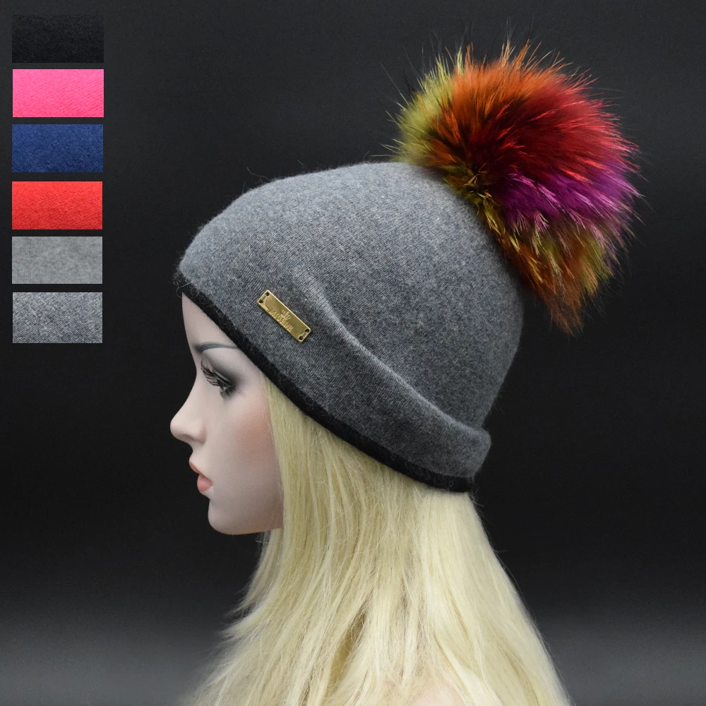 2017 Winter Luxury top 22cm Colorful raccoon fur pompoms Women Beanie hat Double knitting wool Metal Logo lady caps | Аксессуары для
