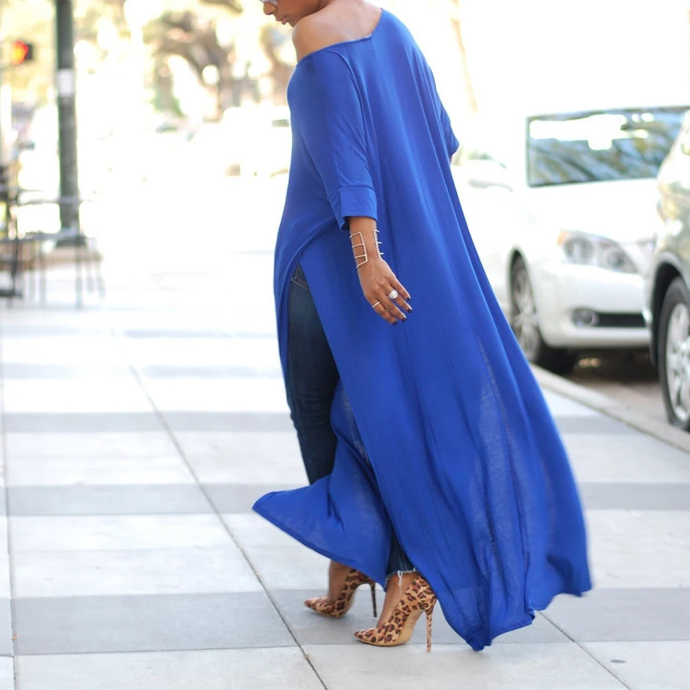 

New Casual Women O-Neck Off Shoulder Batwing Sleeve Sexy Loose Fashion Long Maxi High Split Shirt Dress