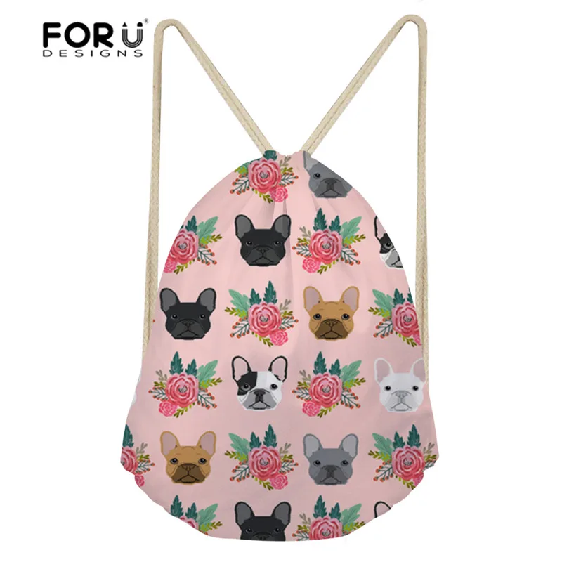 

FORUDESIGNS French Cute Dog Printed Drawstring Bag Women's Backpack Children School Backpacks Travel Storage Bags Girls Softback