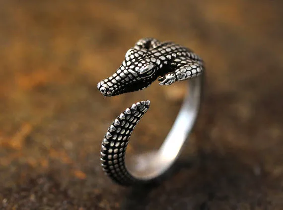Adjustable Retro Crocodile Ring Alligator Antique Silver Animal Free Size gift idea fashion |