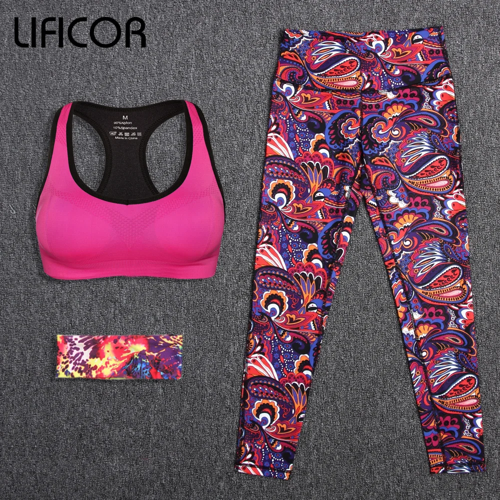 

Yoga Sets Sport Wear Women Sport Suit Fitness Suit Capri Running Leggings+Headband+Sport Bra Workout Gym Pants Sportswear Suit