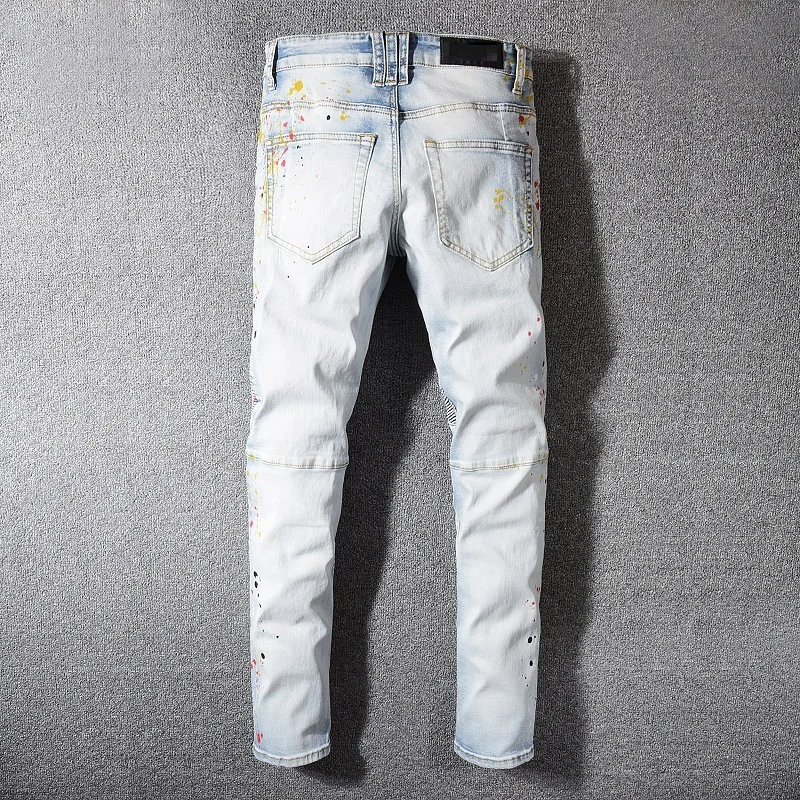 Для мужчин деним байкер джинсы для женщин мотоцикл Slim fit граффити джинсы брюки для верховой езды