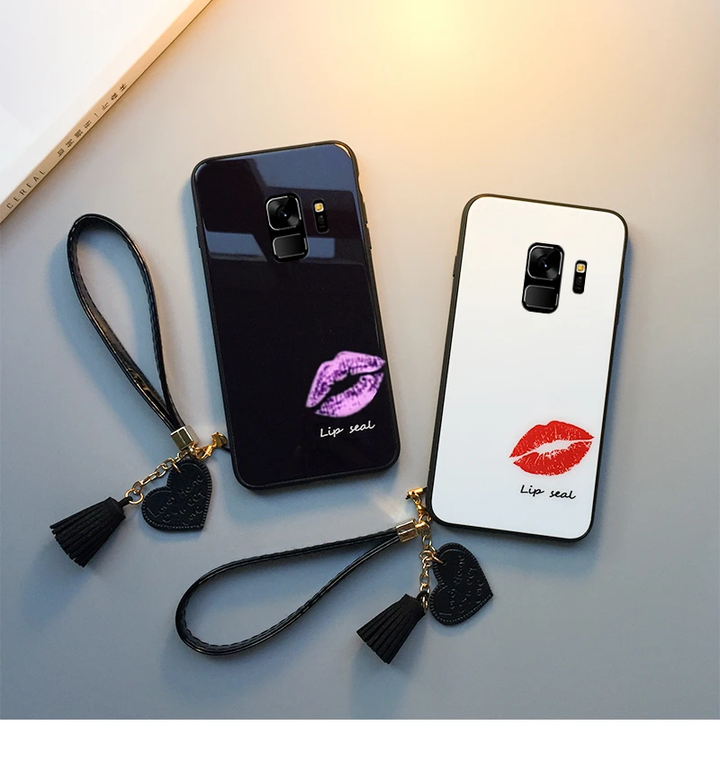 BONVAN чехол из закаленного стекла для samsung Galaxy s9 s8 plus, чехол с принтом губ для samsung Galaxy Note 9 8 s8 s9, чехол с кисточкой и ремешком
