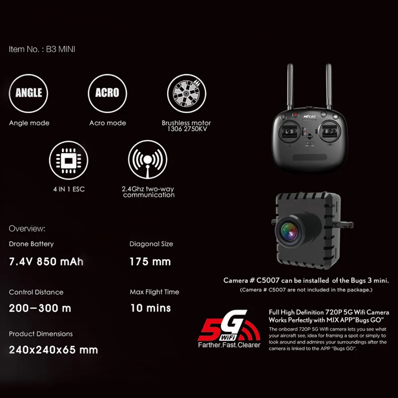 Мини Квадрокоптер MJX B3 Bugs 3 бесщеточный с мотором 1306 2750KV 7 4 V 850mAh 45C аккумулятор VS