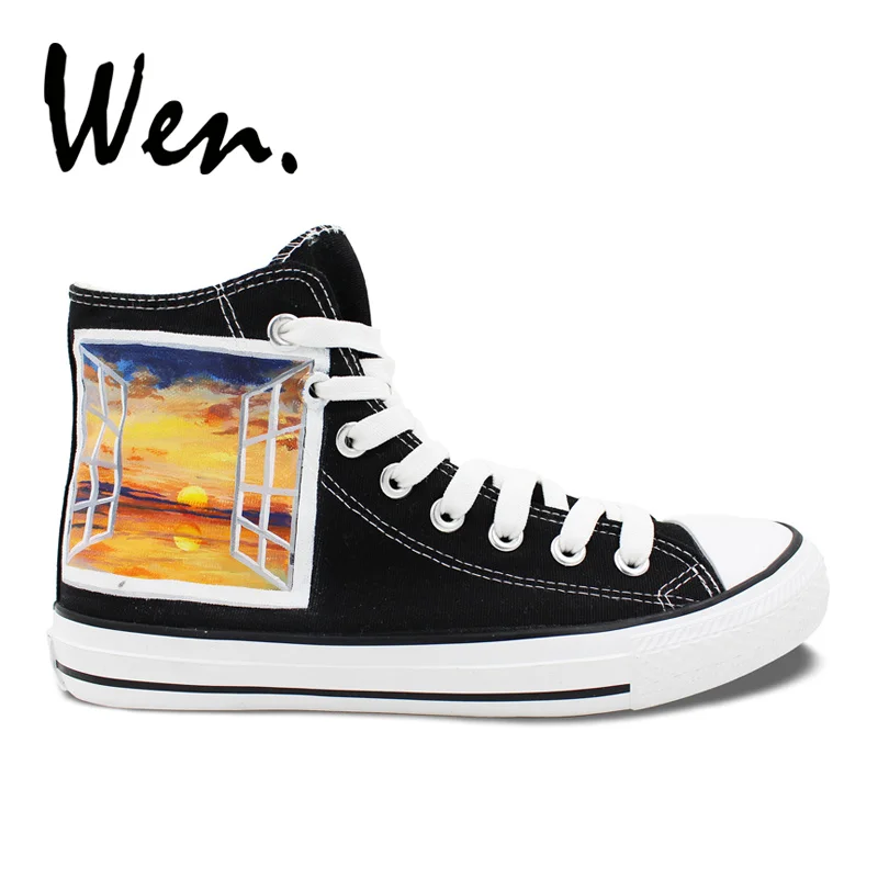 

Wen Original Black Hand Painted Shoes Design Custom Window Scenery Sunset High Top Canvas Sneakers for Birthday Christmas Gifts