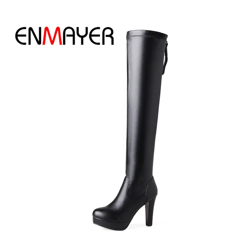 

ENMAYER 2020 Knee High Slip on Ankle Strap Footwear 34-43 New Round Toe Boots Spike Heel Spring And Summer High Quality WHY206