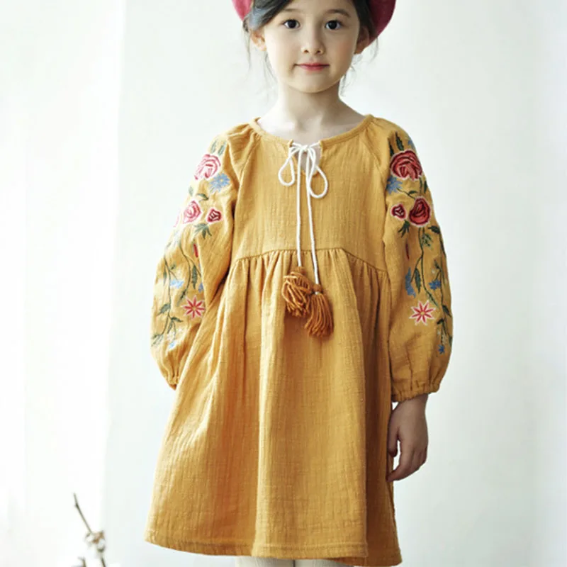 Baby Girls Teens Dress Long Sleeve Vestidos 2019 Spring Autumn Christmas with Embroidery Cotton Linen Dresses Kids Clothes | Детская