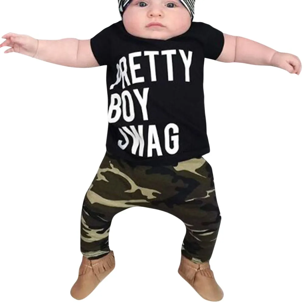Hot Sale Clothing Children Summer Newborn Toddler Baby Letter Camouflage Print Tshirt Tops Pants Outfit Clothes Set dropshipping | Детская
