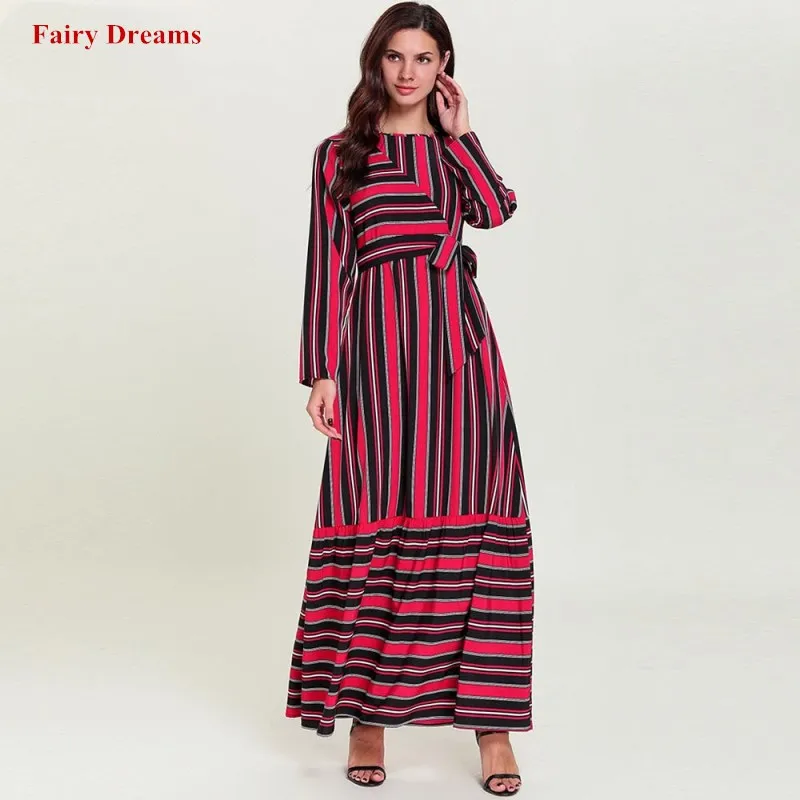 Бандажные женские мусульманские платья abaya Femme Дубай Турецкая индейка Бангладеш нарядное платье в арабском стиле Красный Полосатый Восточный халат из марокена Исламская одежда