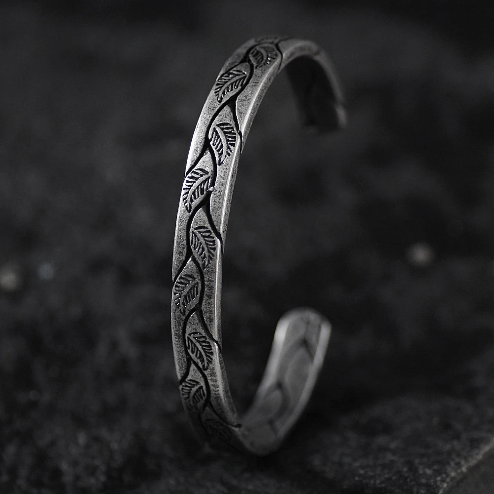Antique Titanium Stainless Steel retro silver leaf black Punk Viking bracelet New Design Open Cuff Bangles Jewelry For Men