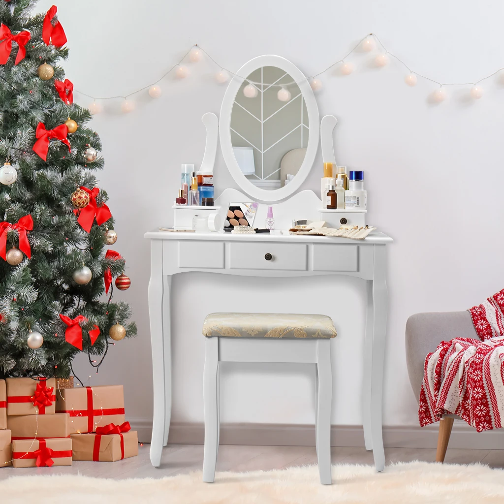 LANGRIA комоды для макияжа туалетный столик VanityStool набор регулируемое поворотное овальное зеркало 3 выдвижных ящика цельное прорезиненное дерево queen Anne Legs