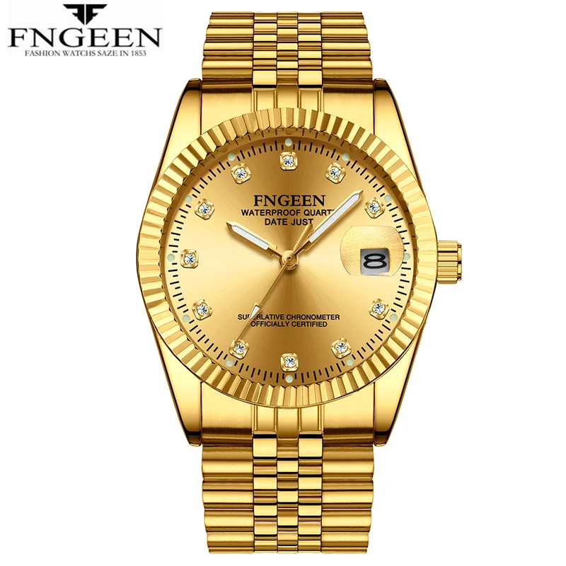 

2020 FNGEEN Watch Men Business Rhinestone Relogio Male Clock Men's Quartz Gold Watches Top Brand Waterproof Date Wrist Watch