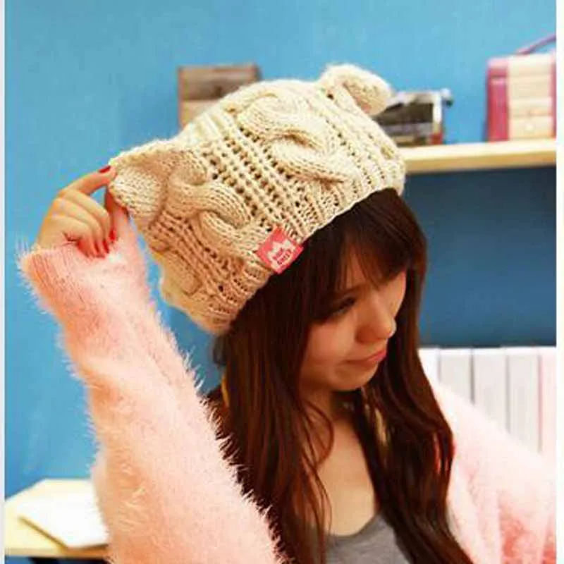 2018 женская шапка с кошачьими ушками и рожками дьявола шерстяная вязаная