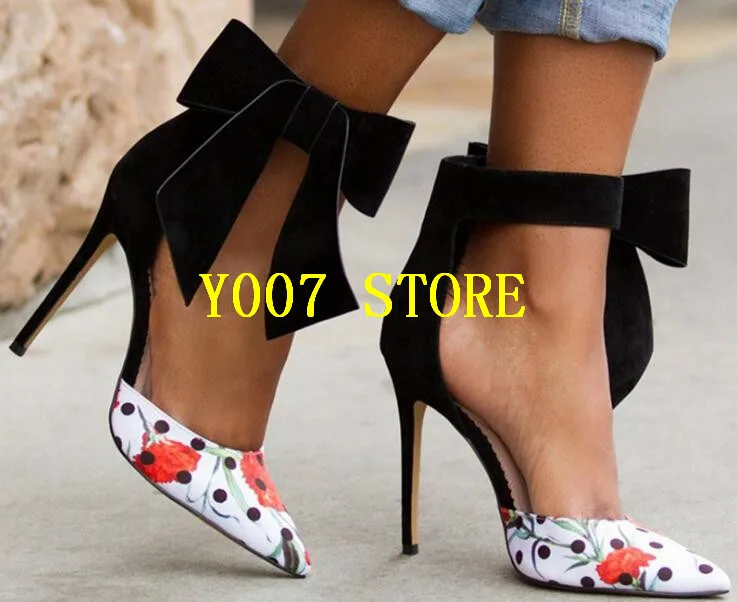 

Elegant Black Velvet Ankle Bow Ladies Sexy High Heels Mixed Colors Flowers Leather Women Point Toe Pumps Fashion Party Shoes