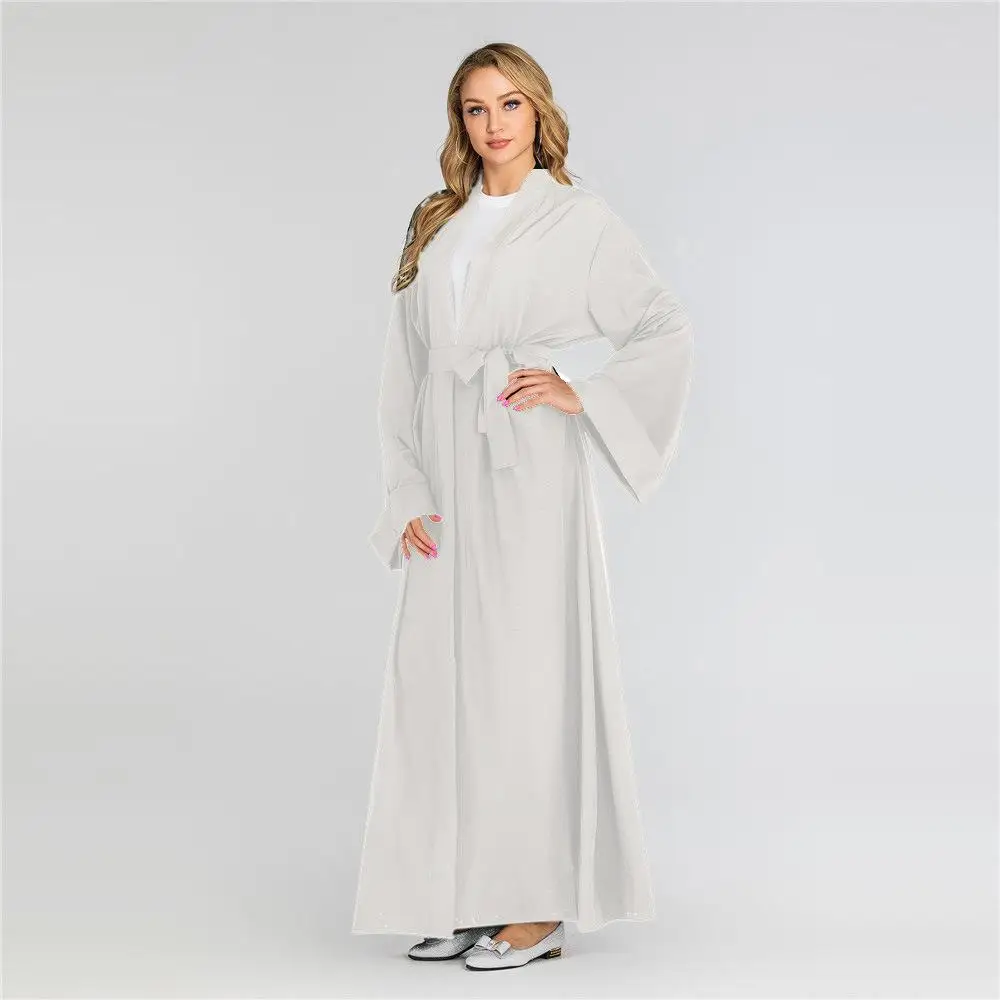 New Dubai Muslim Women Open Front Kimono Cardigan Long Maxi Dress Abaya Kaftan Robe Gown Long Sleeve With Belt Middle East Dress