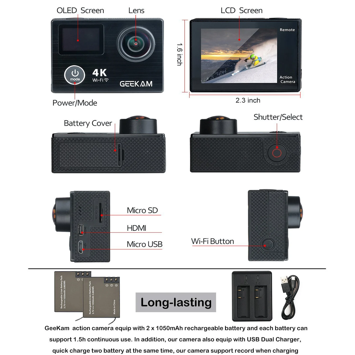 GEEKAM экшн Камера K8 со сверхвысоким разрешением Ultra HD 4 K WI FI спортивные 360VR 1080 P на 2