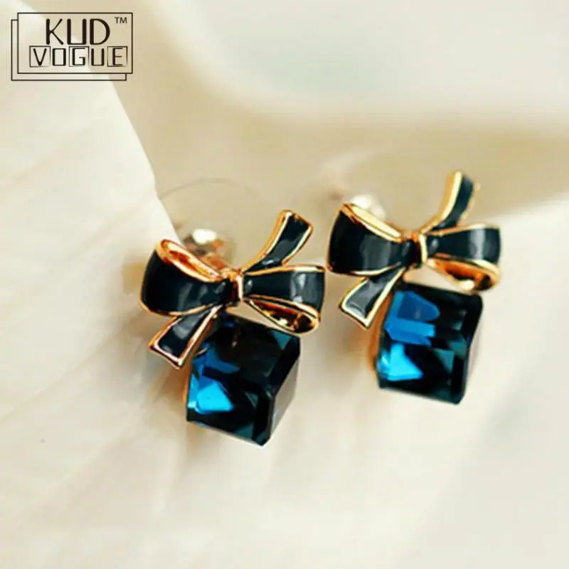 Женские серьги гвоздики с бантиком шикарный Шиммер зеленый синий цвет стразы 8446