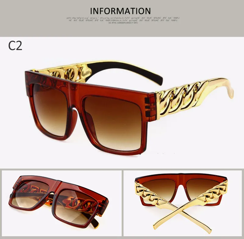 C2 Brown Модные солнцезащитные очки в стиле хип-хоп с золотой металлической цепочкой, квадратные солнцезащитные очки знаменитостей, роскошные брендовые дизайнерские женские/мужские солнцезащитные очки UV400 - Цвет линз: C2 Brown