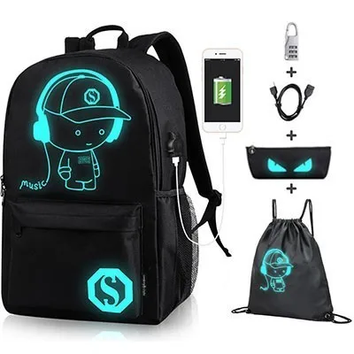 3Pcs Black Аниме светящийся Оксфорд школьный рюкзак на плечо до 15,6 дюймов с usb зарядным портом и замком школьная сумка для мальчика черный - Цвет: 3Pcs Black