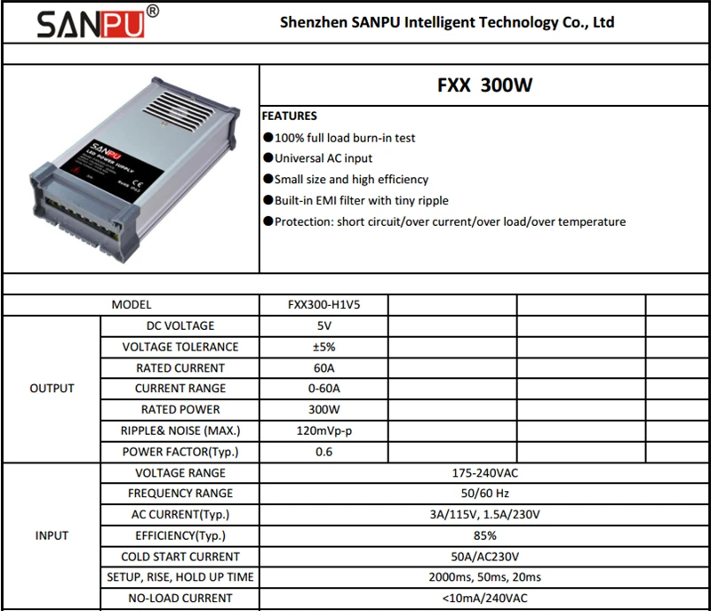 SANPU SMPS 5 в 300 Вт низковольтный трансформатор освещения 60А постоянное напряжение светодиодный переключатель источник питания 220 В 230 В AC непромокаемый