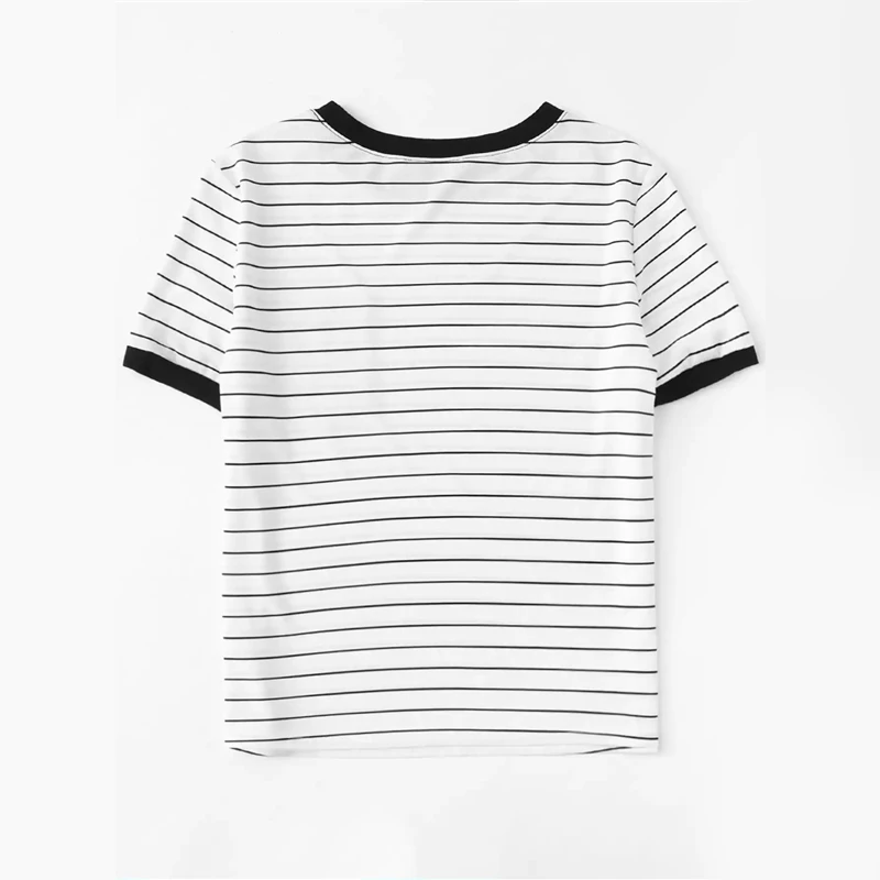 Dotfashion Black And White Patch Pocket Striped Ringer Tee Women Casual Tops Summer Short Sleeve Preppy Colorblock T-Shirt