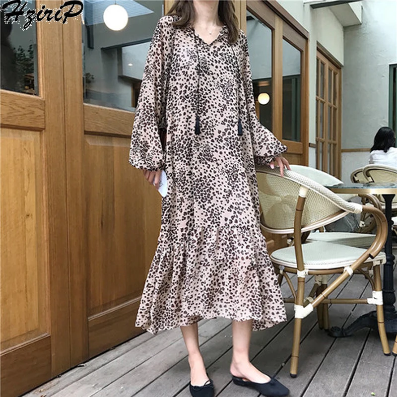 HziriP Women New Elegant Long Shirt Dress 2018 Autumn Leopard Sleeves Party Loose Versatile Chiffon Dresses Send Sling | Женская одежда